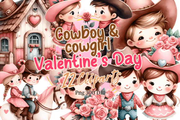 Download Cowboy and Cowgirl Valentine Watercolor - Cowgirl valentine Collection